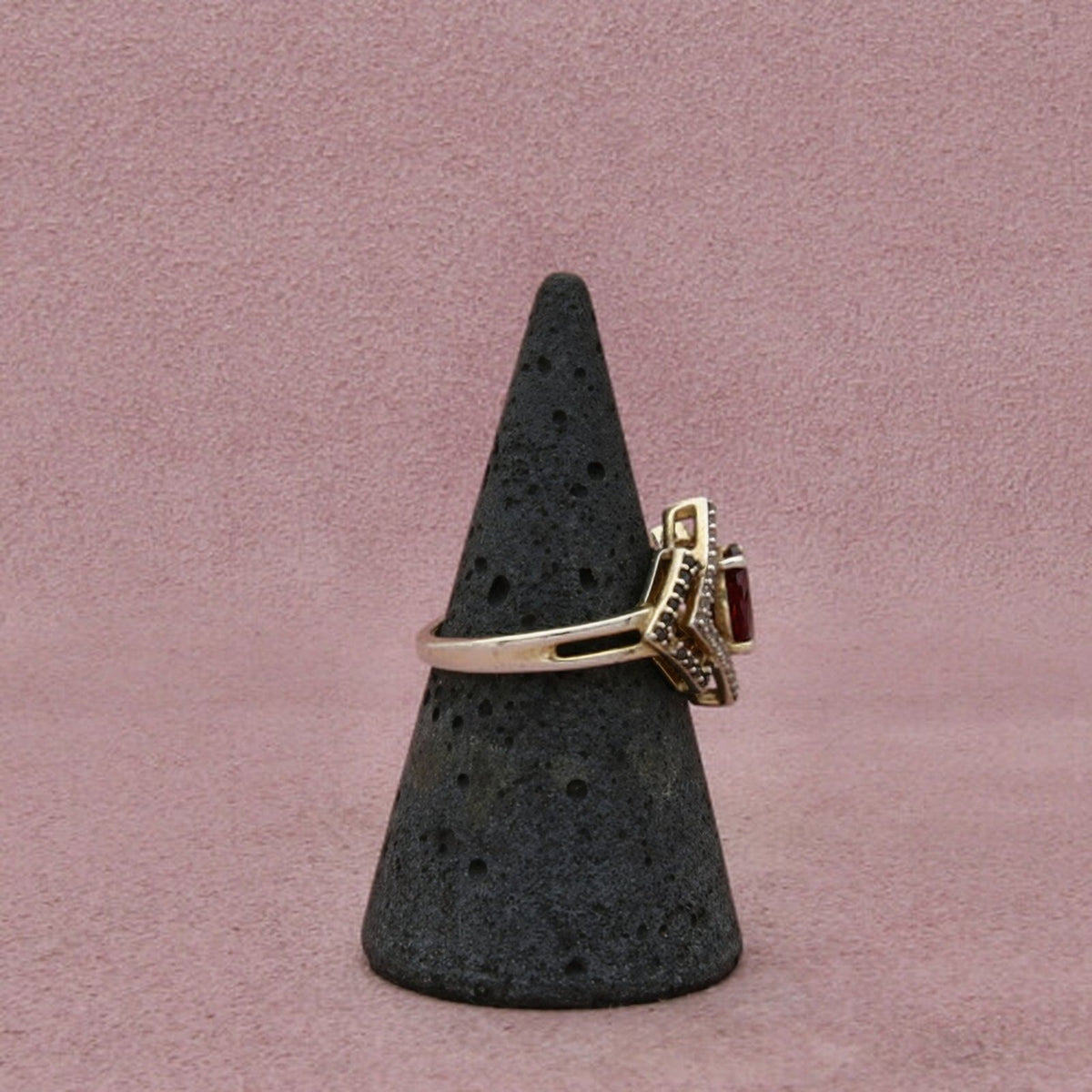 Sterling Silver Gold Plate Garnet & Cz & Black Spinel Geometric Halo Ring 7