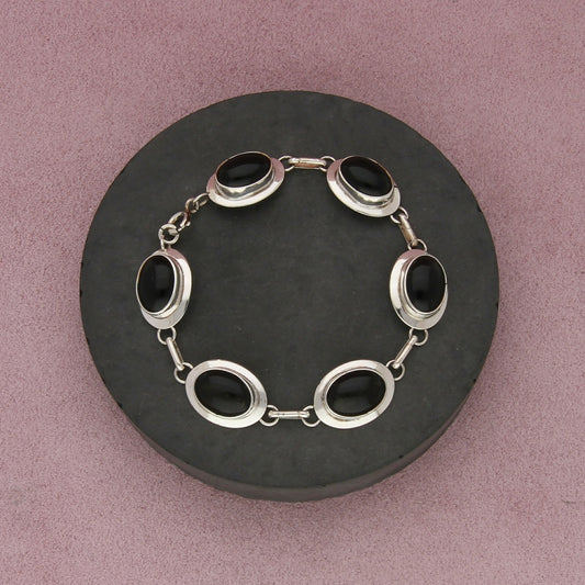 navajo sterling silver vintage onyx cabochon link bracelet size 7.75in