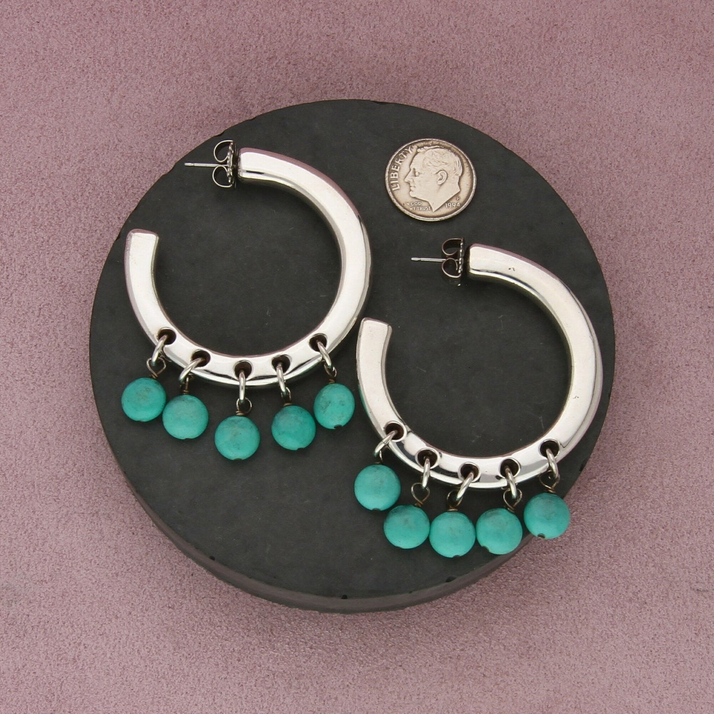 sterling silver electroform turquoise bead dangle hoop earrings