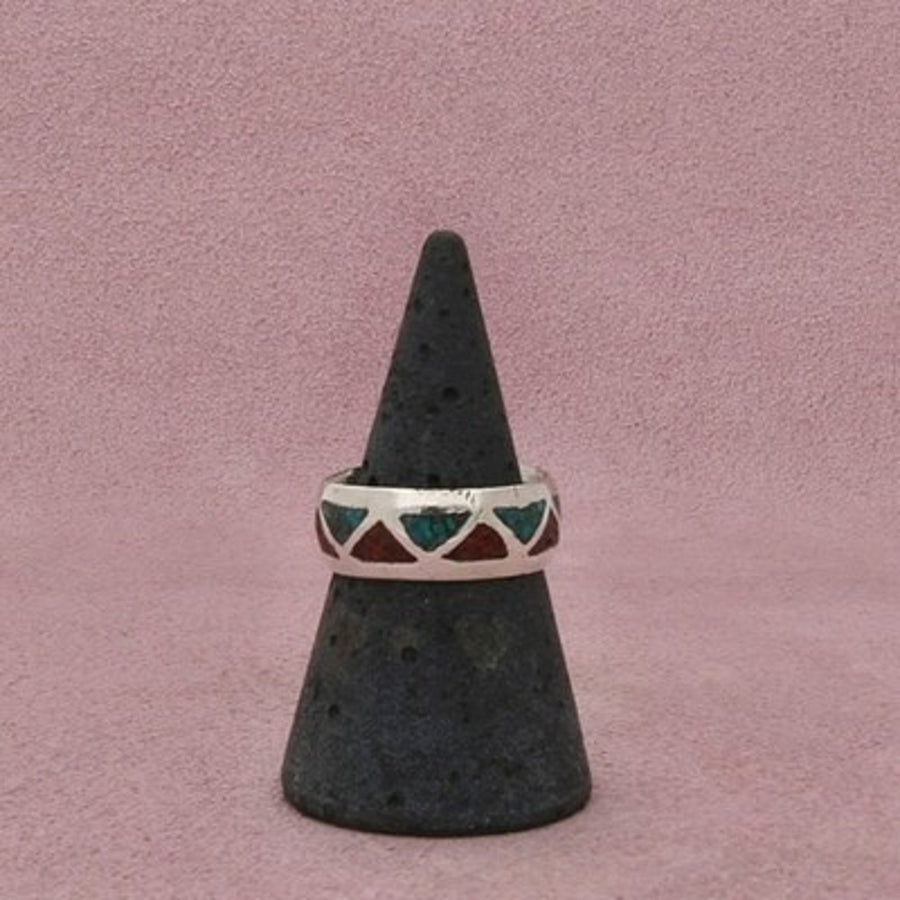 Navajo Sterling Silver Vintage Turquoise & Coral Inlay Band Ring Size 7.5