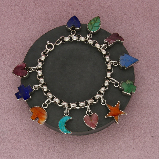 joan slifka sterling silver vintage southwest 11 multi-stone charm bracelet 7in