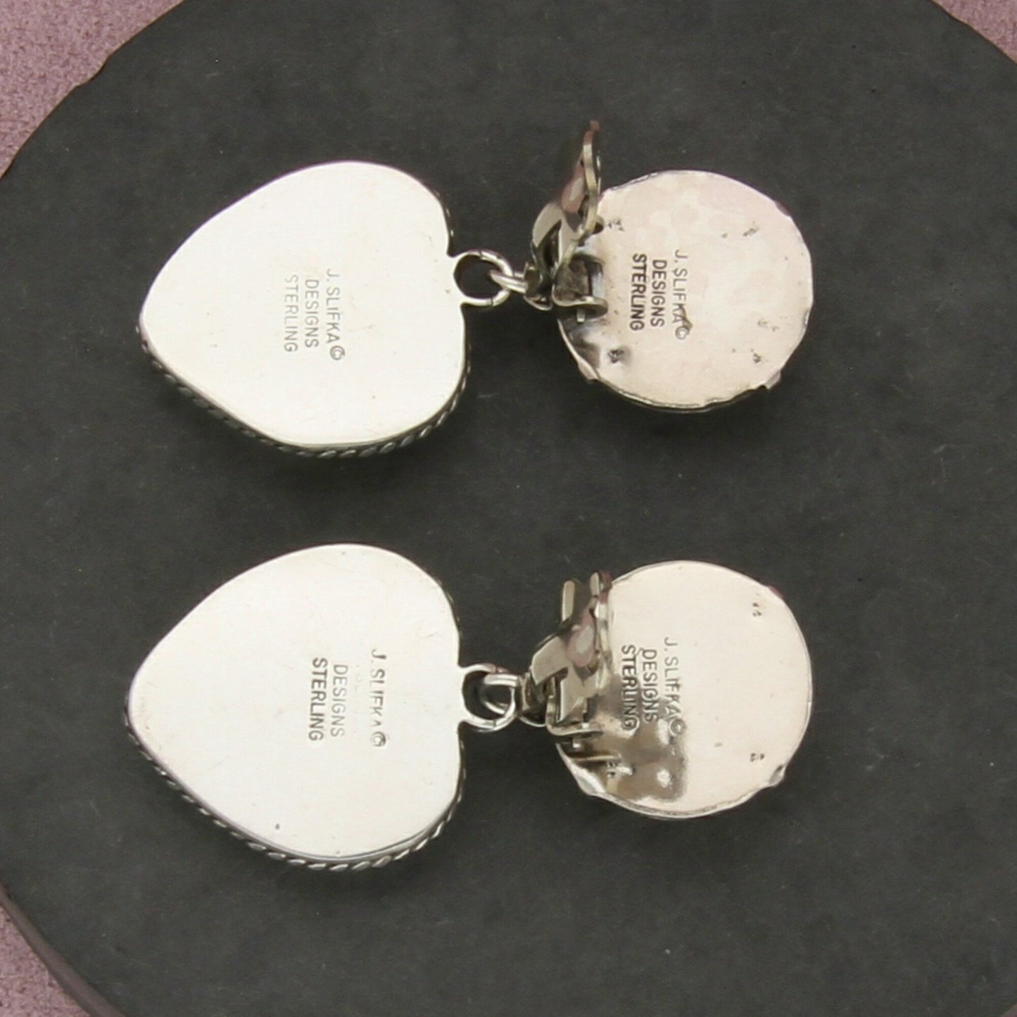 joan slifka sterling silver vintage braided onyx heart dangle clip-on earrings