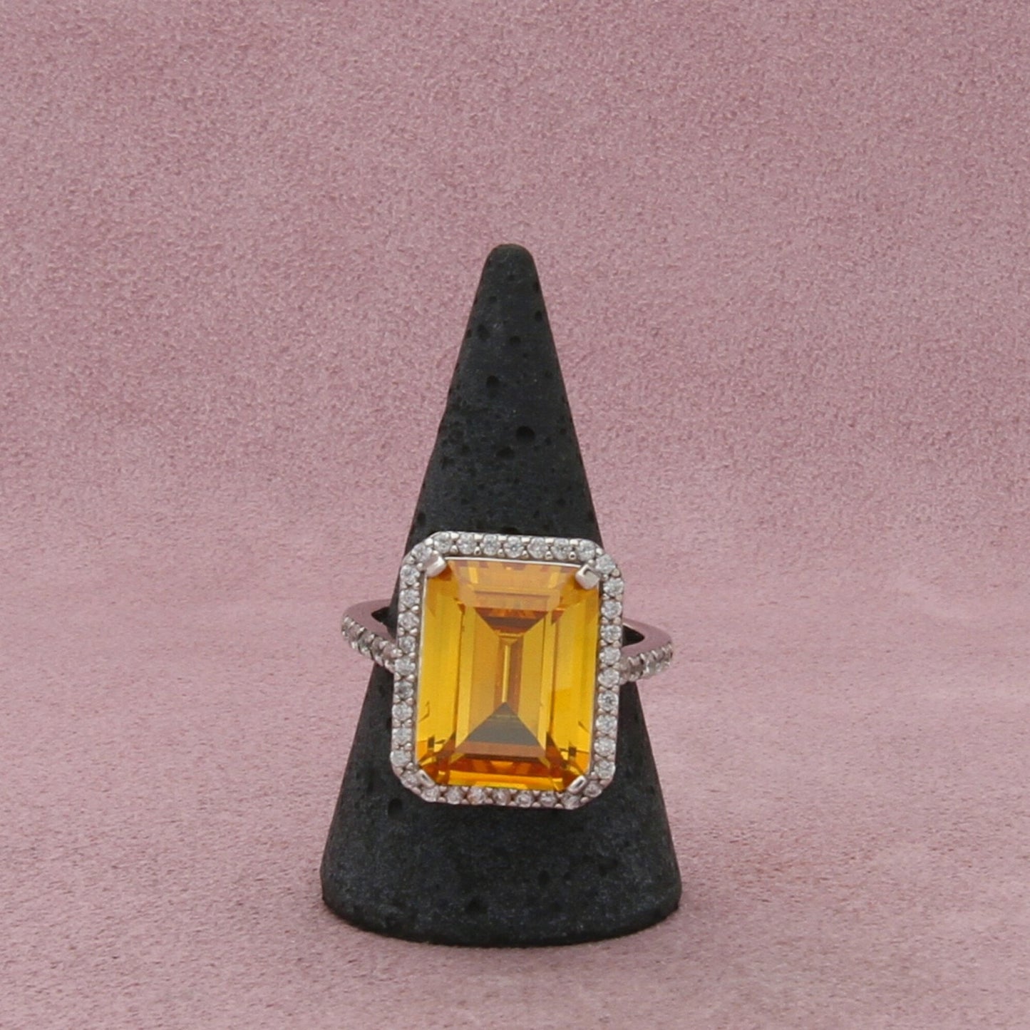 sterling silver emerald-cut yellow cz & halo cocktail ring size 9.75
