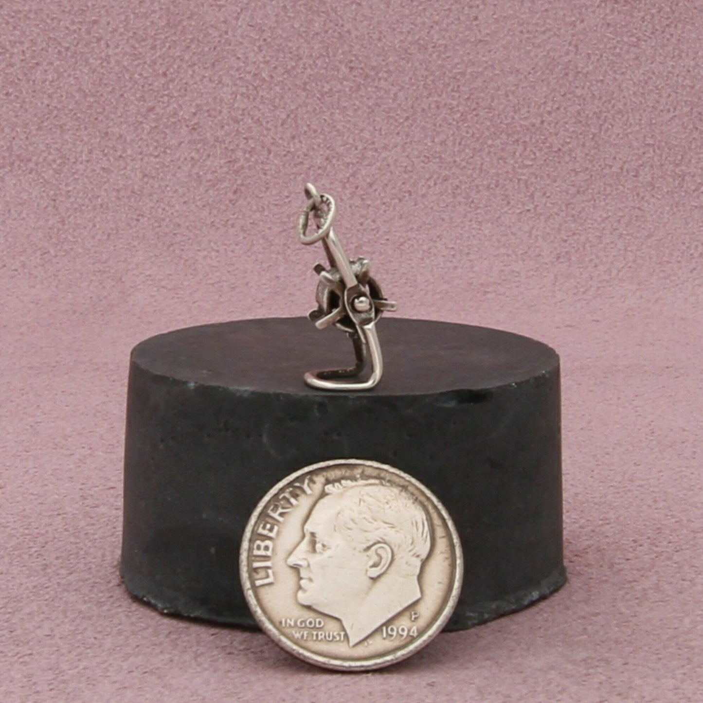 sterling silver vintage lawn hose reel mechanical charm pendant