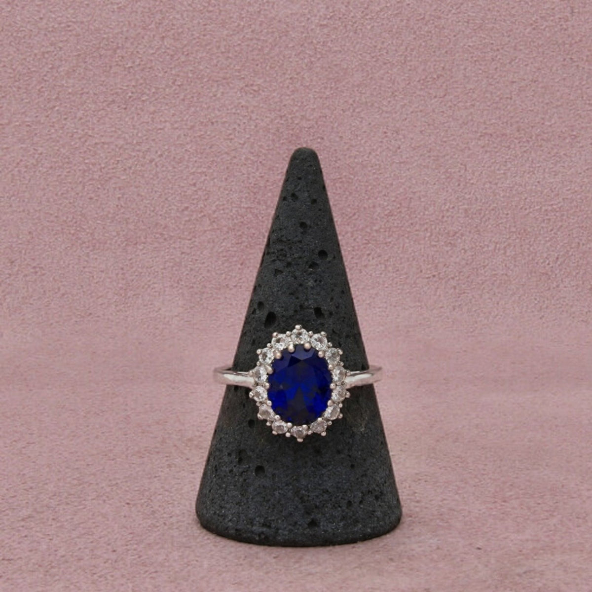 Sterling Silver Blue Spinel & Cz Halo Oval-Cut Prong-Set Ring Size 10