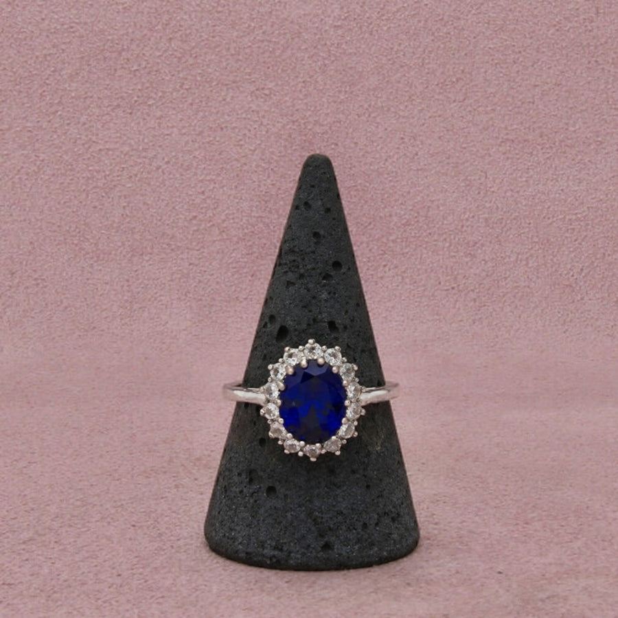 Sterling Silver Blue Spinel & Cz Halo Oval-Cut Prong-Set Ring Size 10