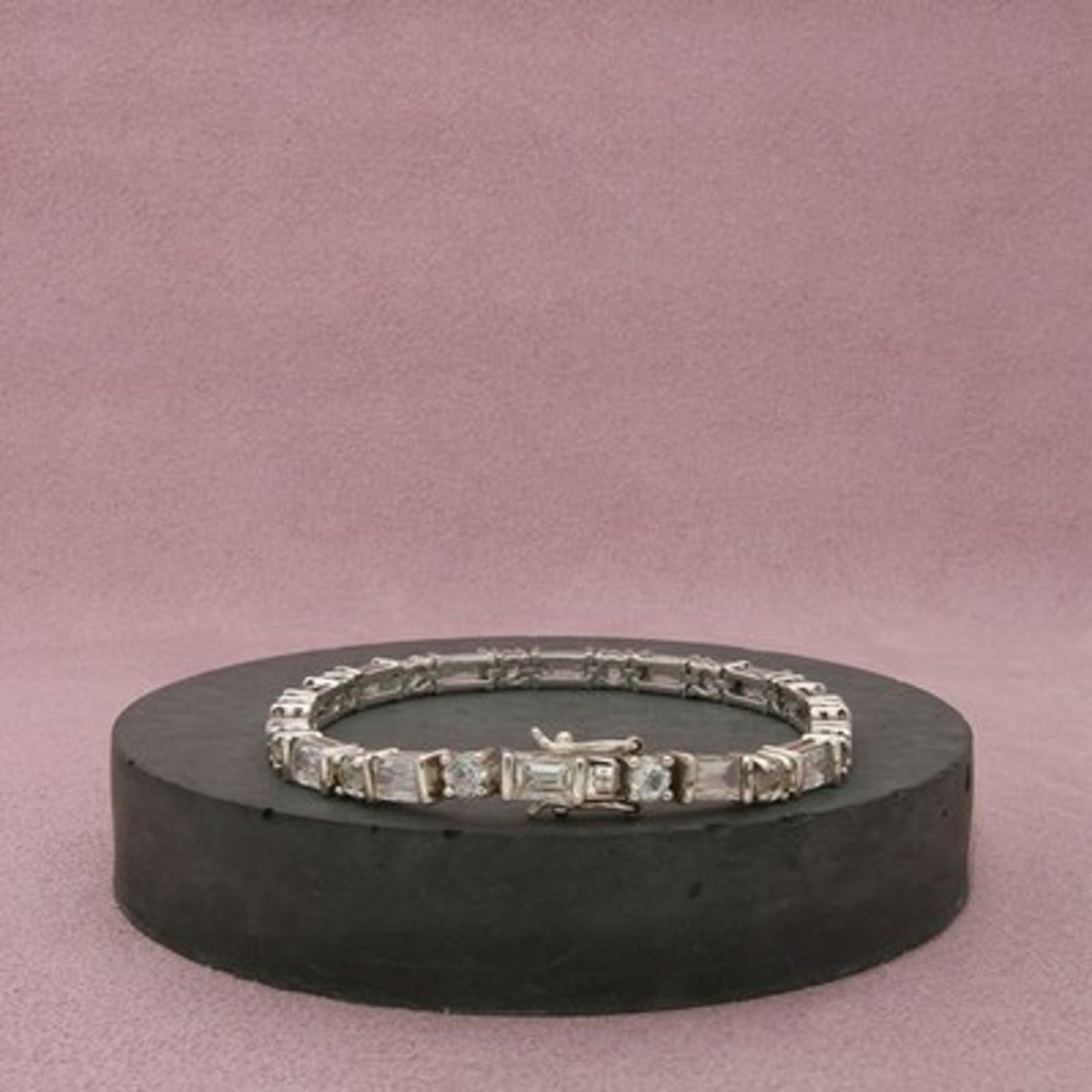 Sterling Silver Baguette & Round C Z Tennis Bracelet Size 7in