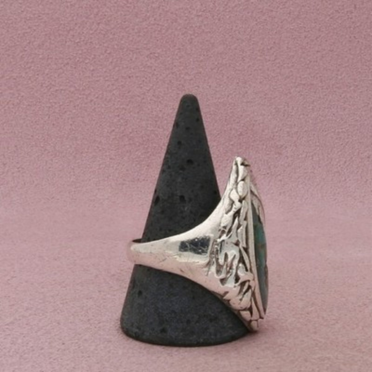 Navajo Sterling Silver Men's Vintage Turquoise Oval Feather Ring Size 12.25