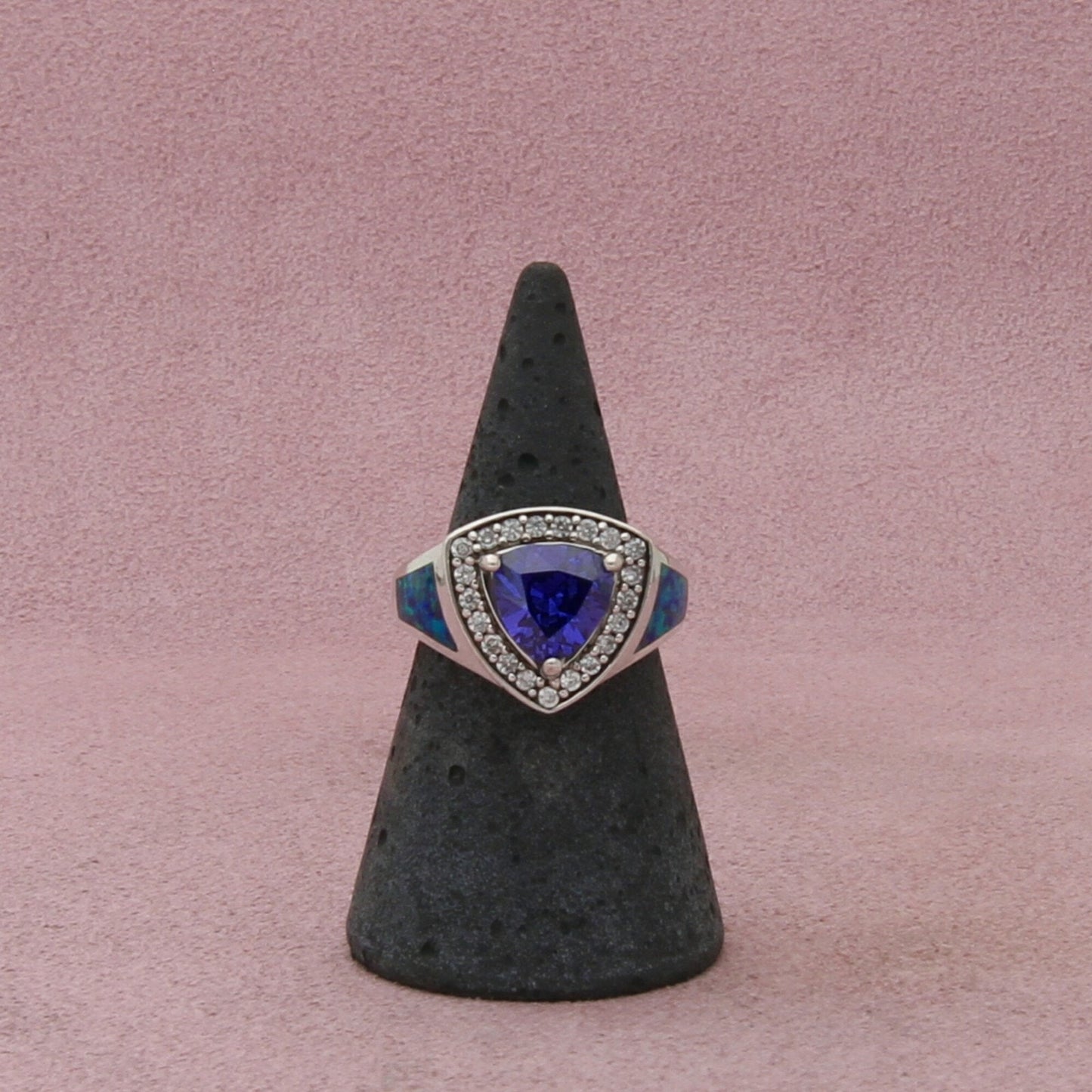 sterling silver fire opal tanzanite & cz ring size 6