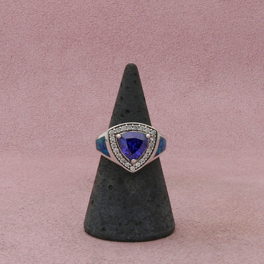 sterling silver fire opal tanzanite & cz ring size 6