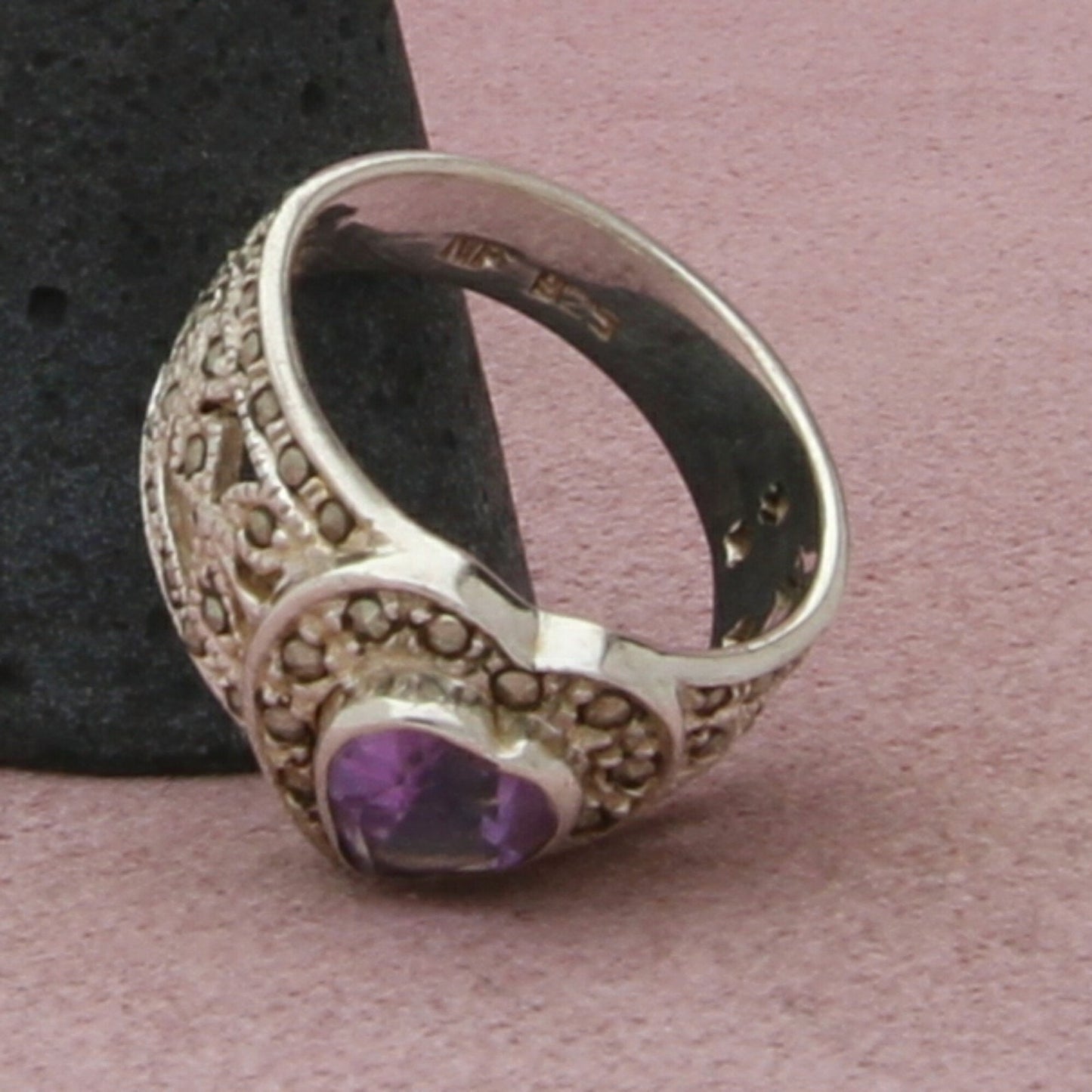 sterling silver marcasite studded amethyst heart ring size 8.75