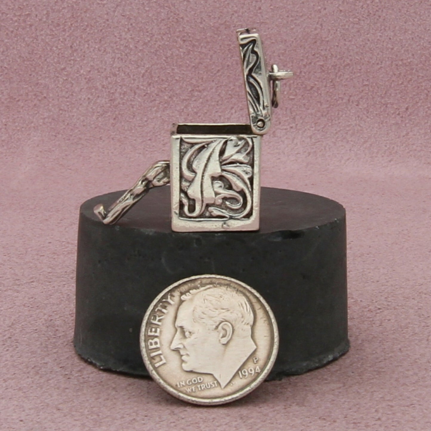 sterling silver vintage etched prayer box locket (opens) pendant