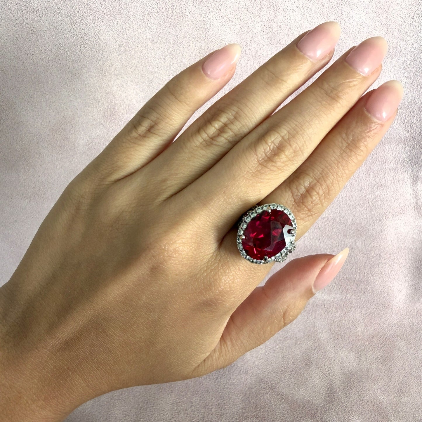sterling silver oval-cut ruby & cz halo cocktail ring size 6.5