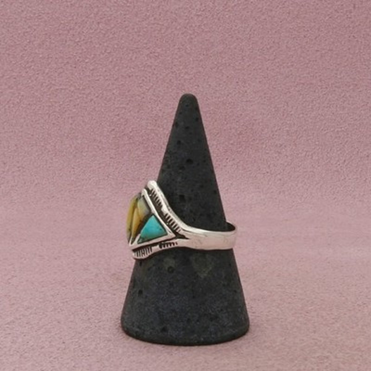 Navajo Sterling Silver Vintage Turquoise Mother-of-Pearl Inlay Ring Size 8.75