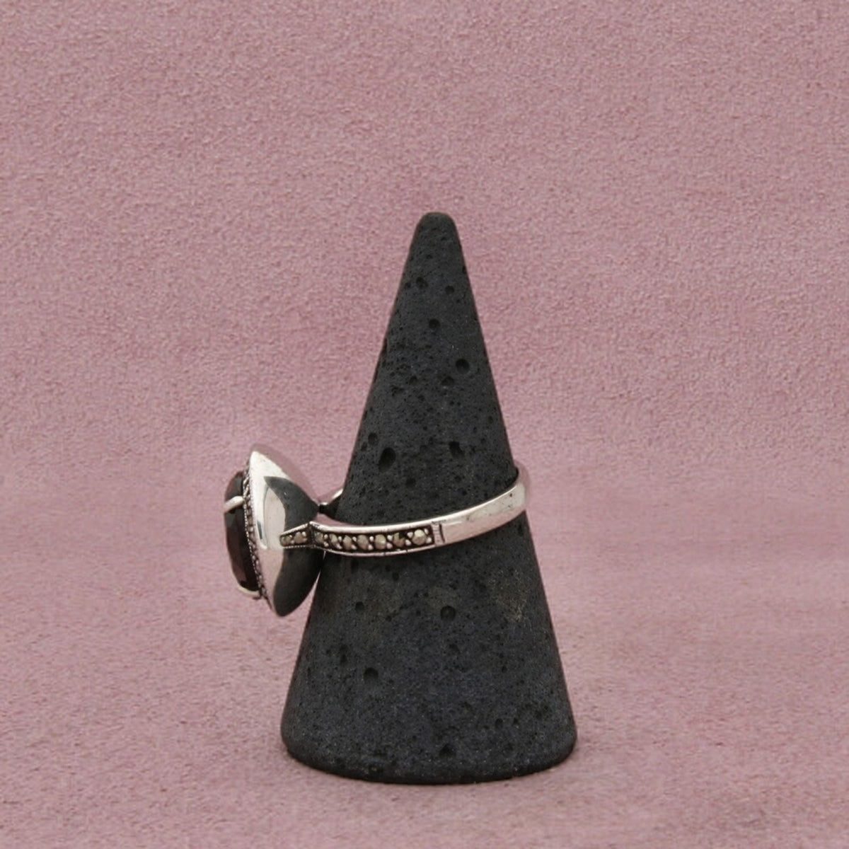 Sterling Silver Smoky Quartz & Round-Cut Marcasite Beaded Halo Ring Size 7.25