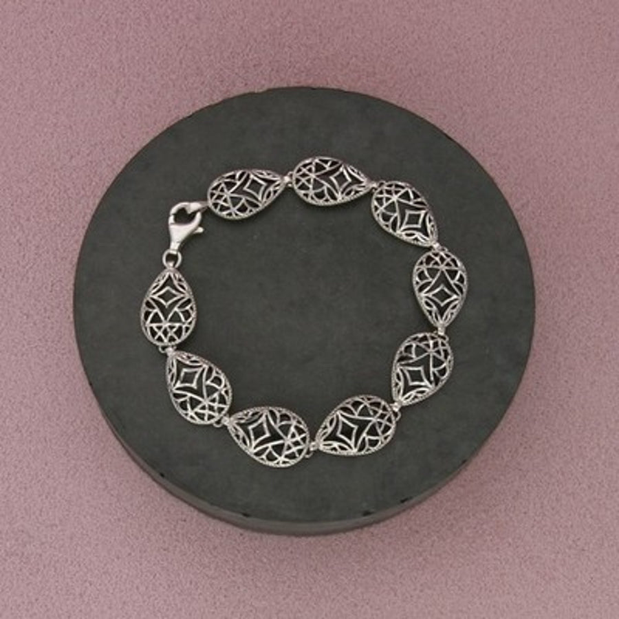 Sterling Silver Black Onyx Geometric Overlay Panel Bracelet Size 7in