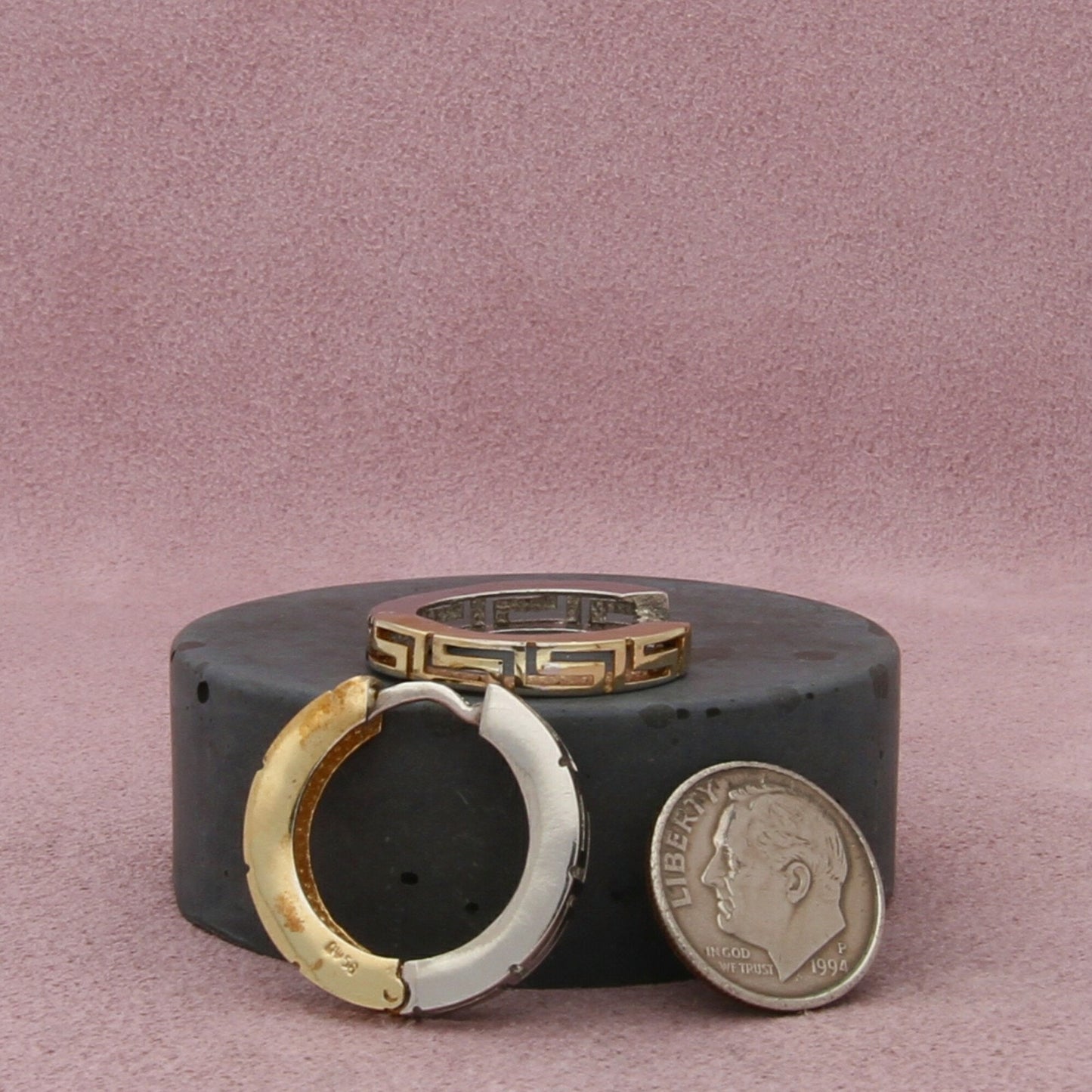 sterling silver two-tone greek key hoop earrings