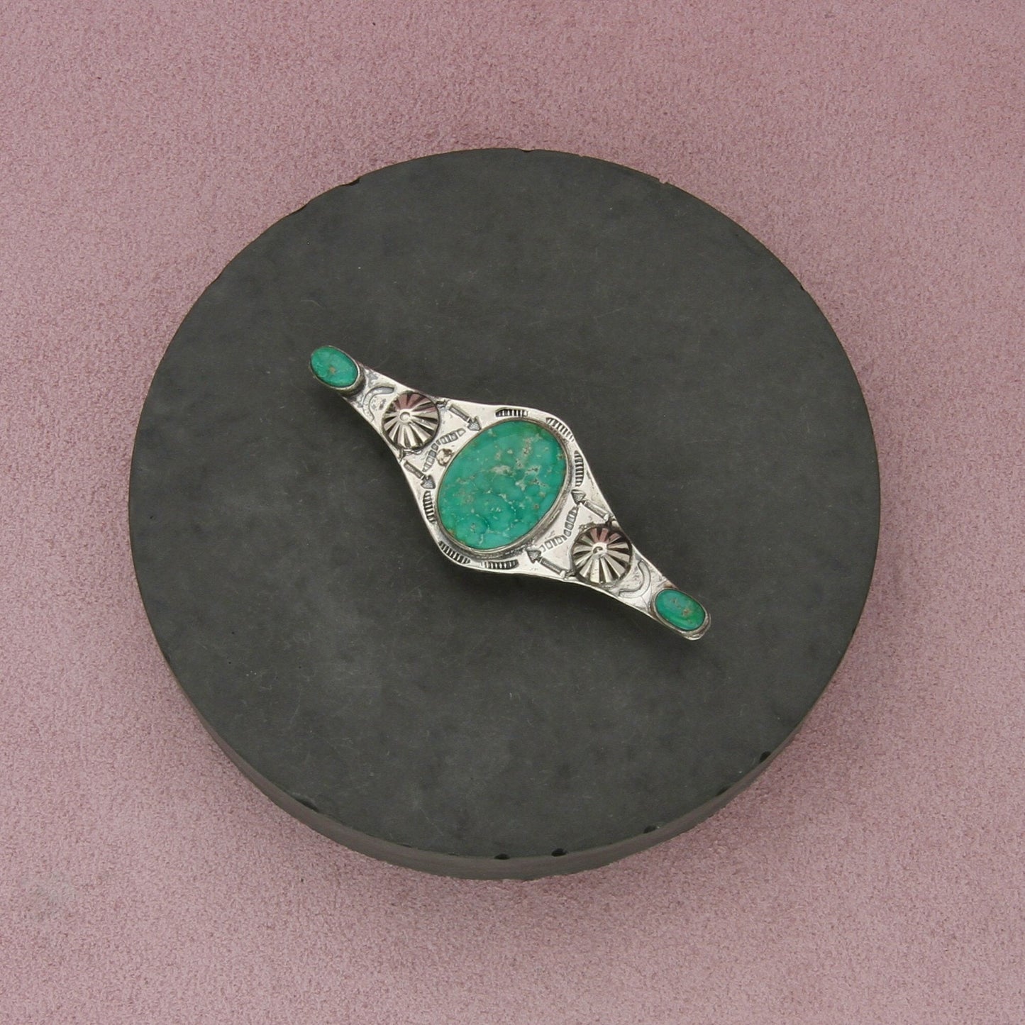 navajo sterling silver vintage turquoise hand-stamped concho bar brooch