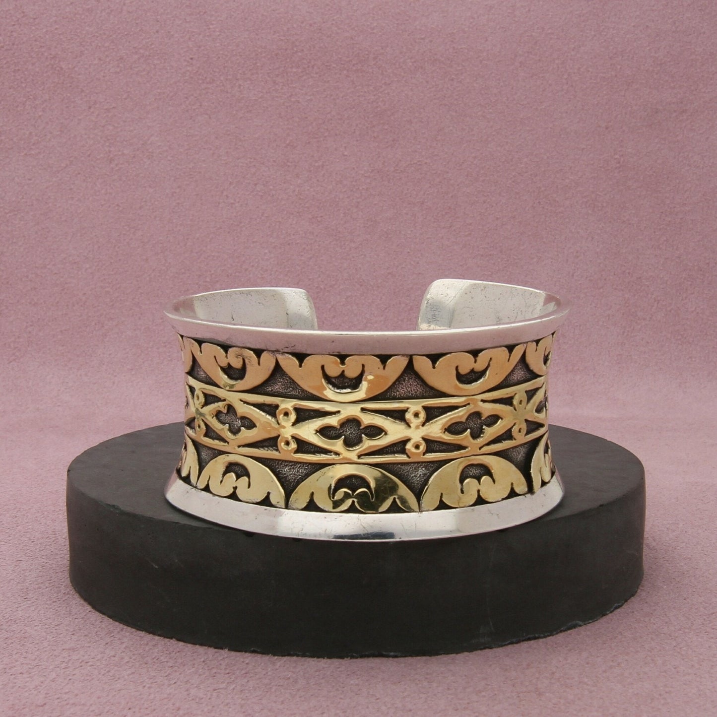 john hardy sterling silver & 18k gold concave cuff bracelet size 6in