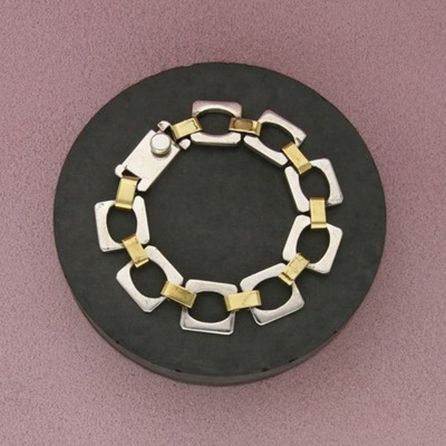 Taxco Mexico Sterling Silver Vintage Brass Accent Panel Bracelet Size 6.75in