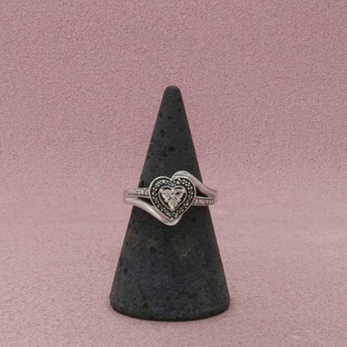 Zales Sterling Silver Clear & Blue Diamond Heart Halo Promise Ring Size 6.5