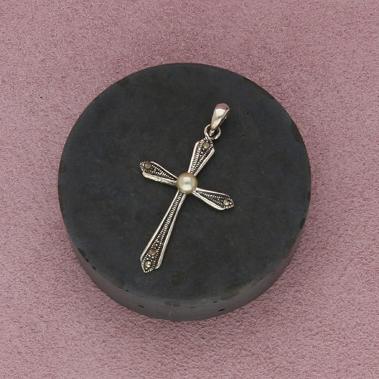 sterling silver vintage marcasite studded pearl cross pendant