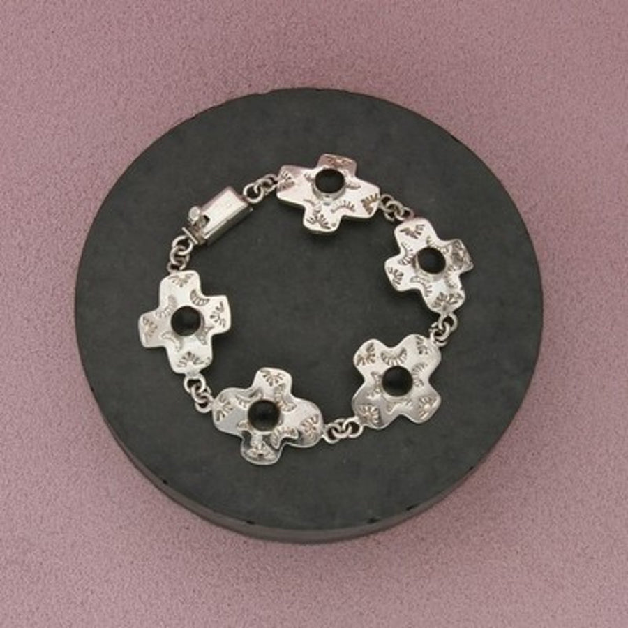 Taxco Mexico Sterling Silver Vintage Black Onyx Cross Panel Bracelet Size 6.5in