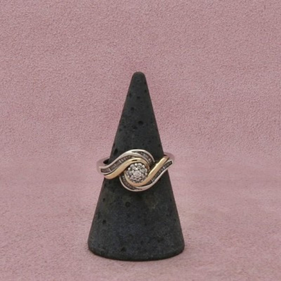 Zales Sterling Silver & 14K Gold Diamond Cluster Bypass Ring Size 7