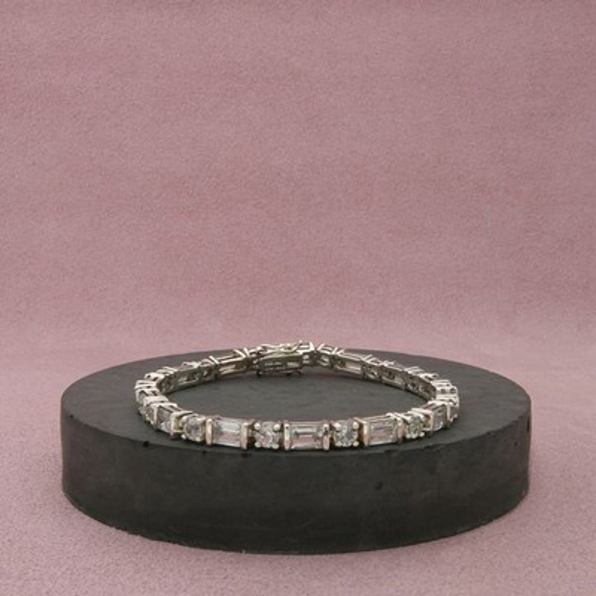 Sterling Silver Baguette & Round C Z Tennis Bracelet Size 7in