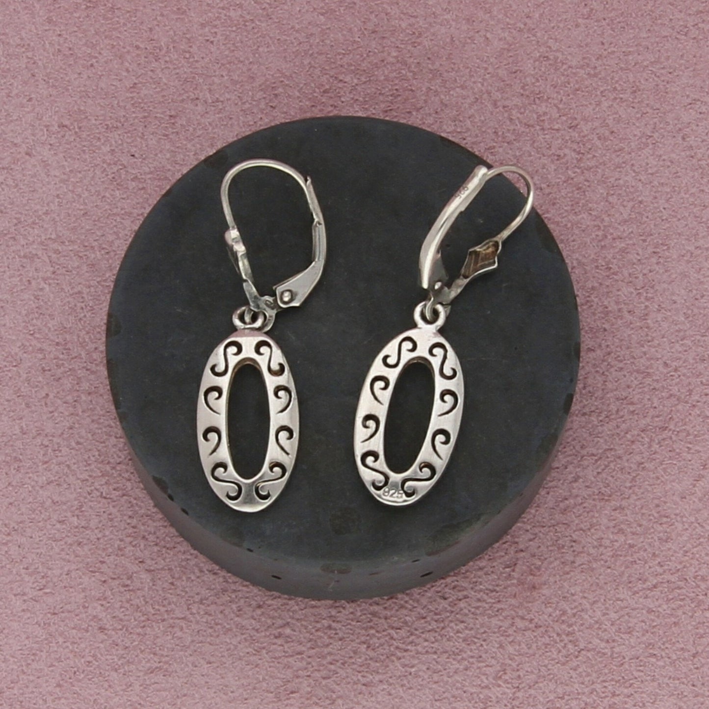 sterling silver scrolled oval dangle leverback earrings