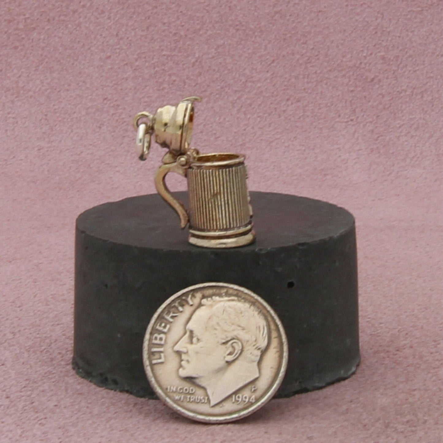 sterling silver vintage gold wash enamel beer stein (opens) charm pendant