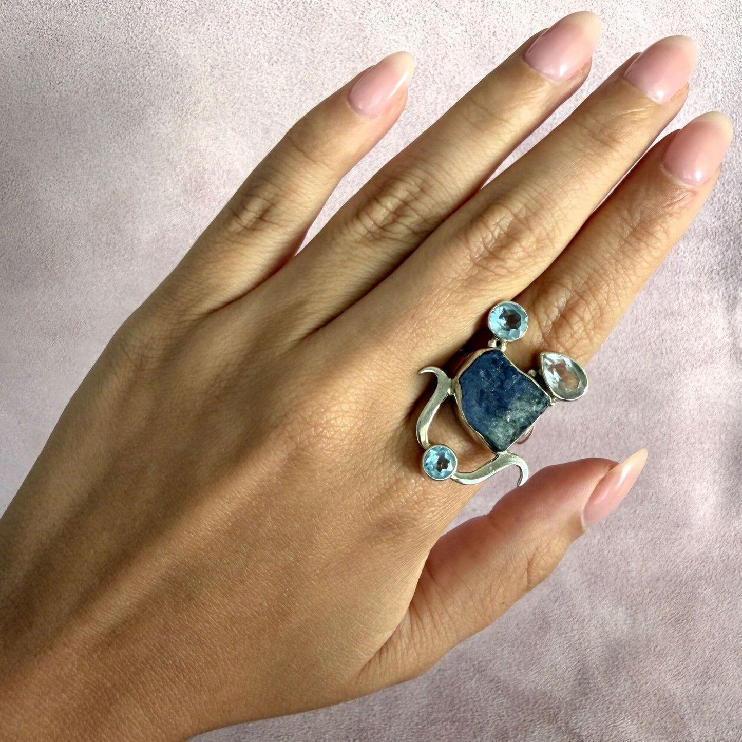 sterling silver elongated topaz & aquamarine ring size 7.5