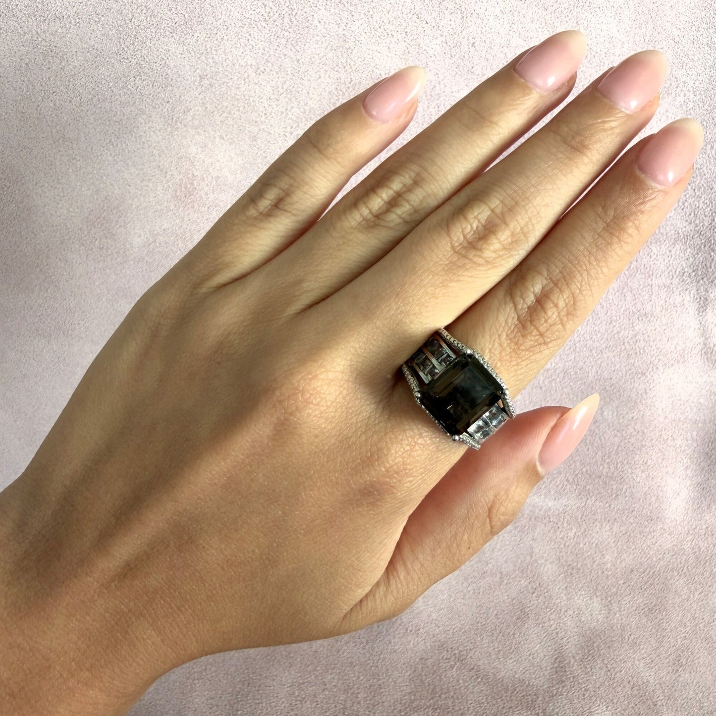 sterling silver emerald-cut smoky quartz & white topaz ring size 9