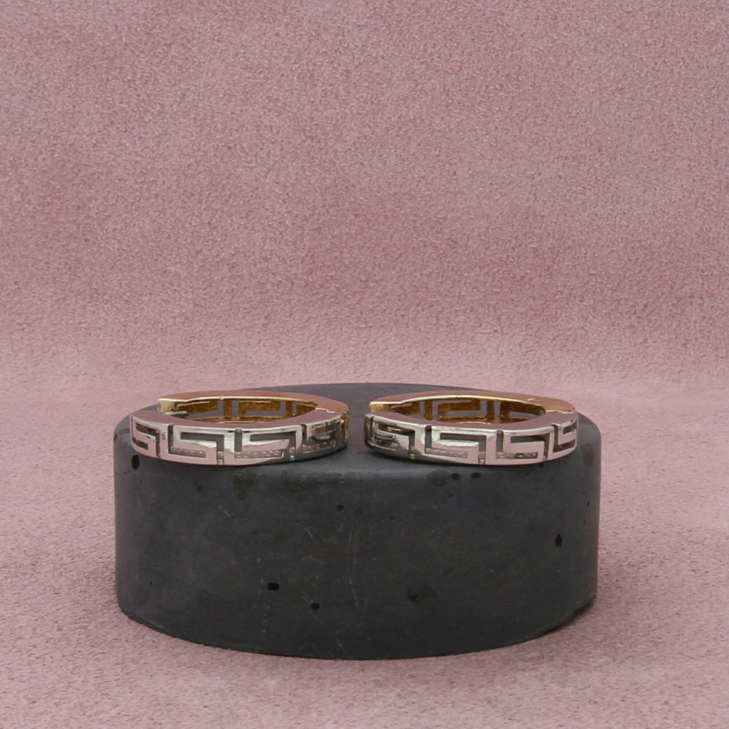 sterling silver two-tone greek key hoop earrings