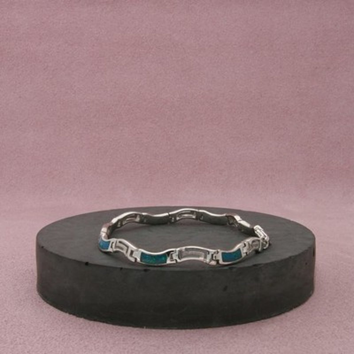 Sterling Silver Blue Opal Inlay Greek Key Bracelet Size 6.75in