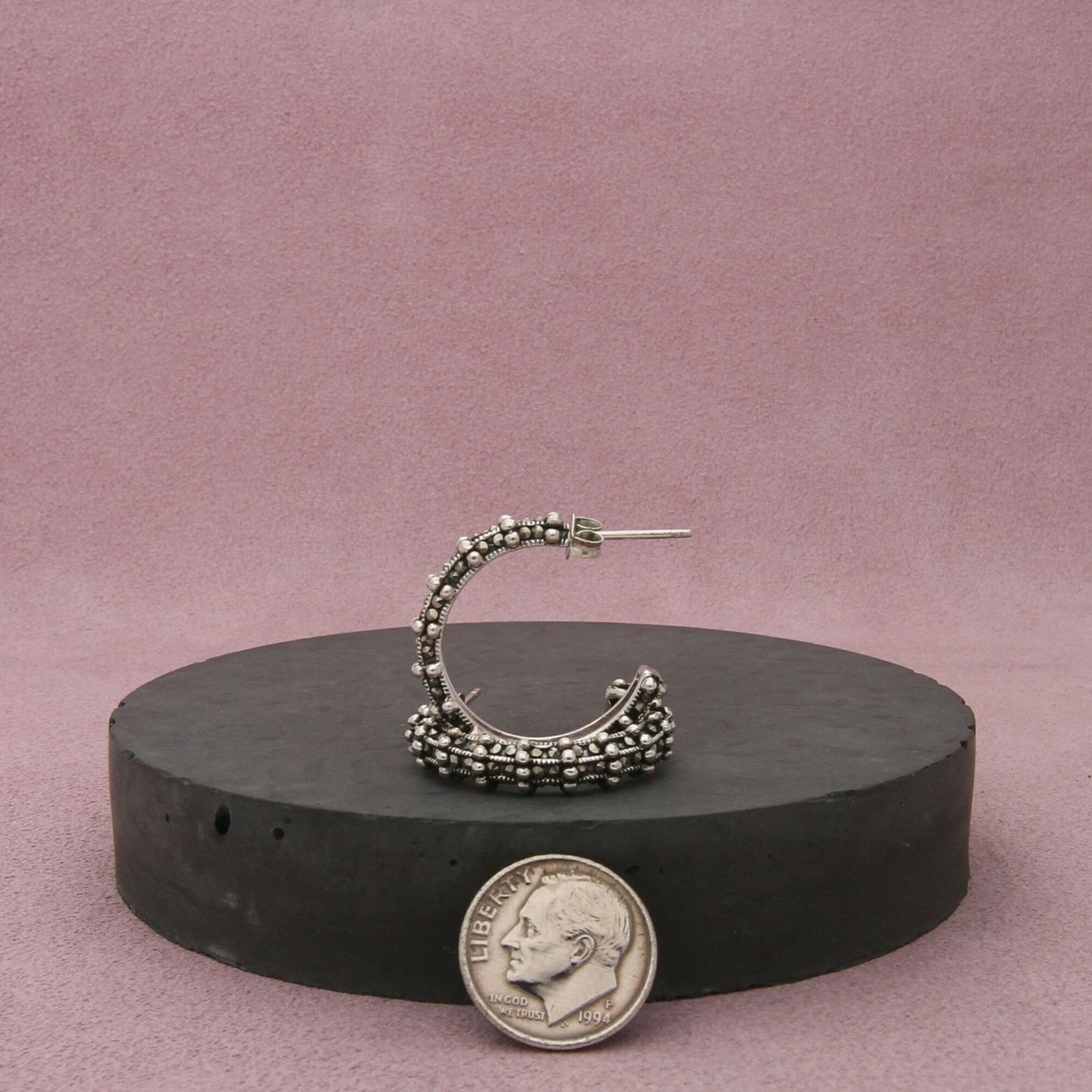sterling silver 25mm beaded marcasite j-hoop earrings