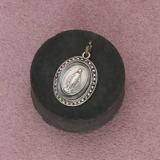 sterling silver vintage marcasite mop virgin mary miraculous medal pendant