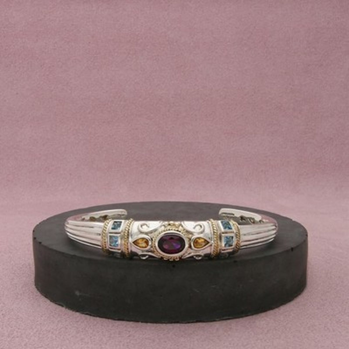 Michelle Albala Sterling Silver Gold Accent Amethyst Topaz Cuff Bracelet 6.75in