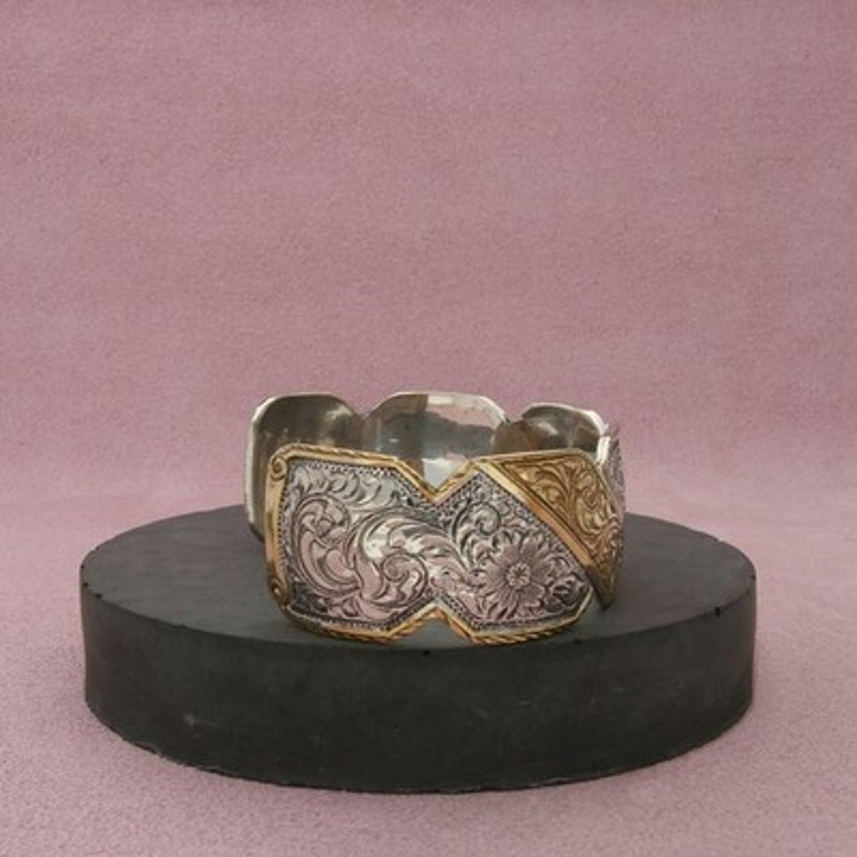 Crumrine Silver & Gold Plated Vintage Etched Floral Cuff Bracelet 6.75in