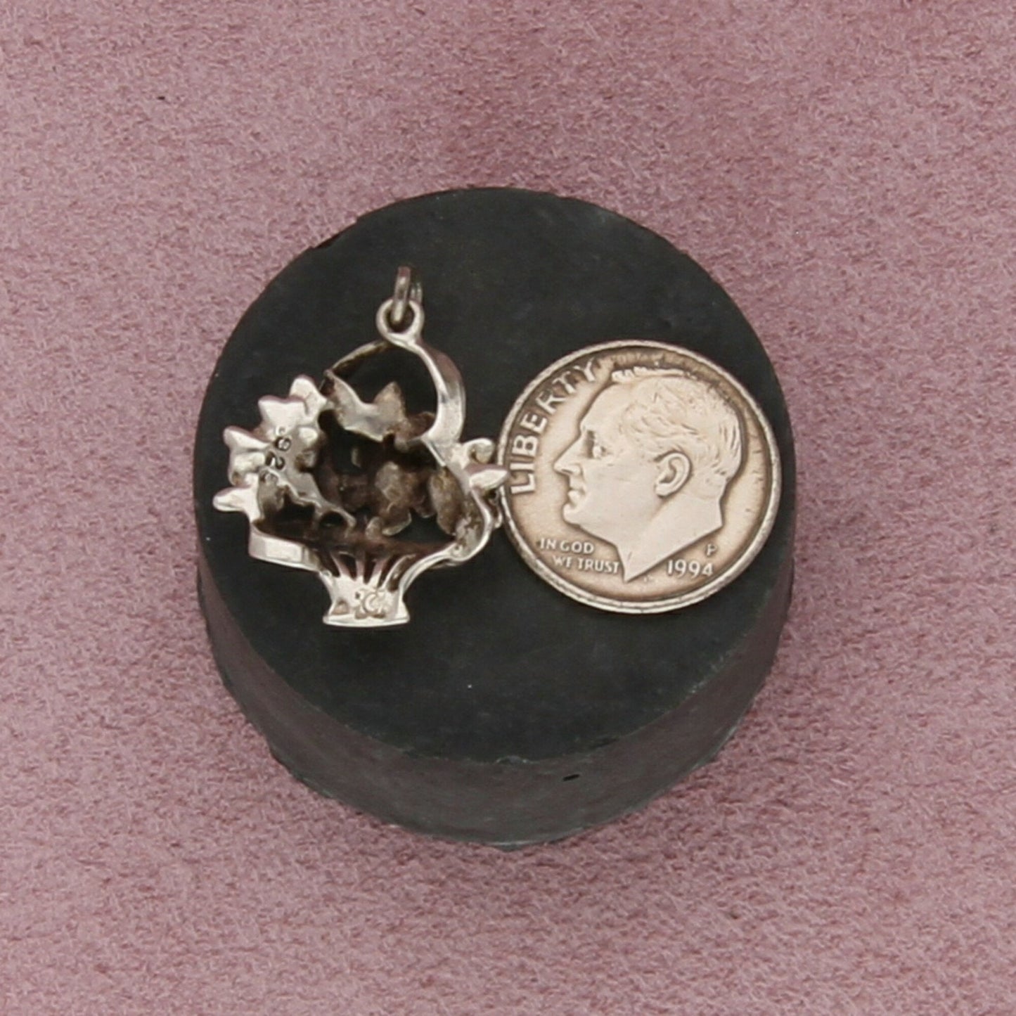 sterling silver vintage flowere bouquet basket charm pendant