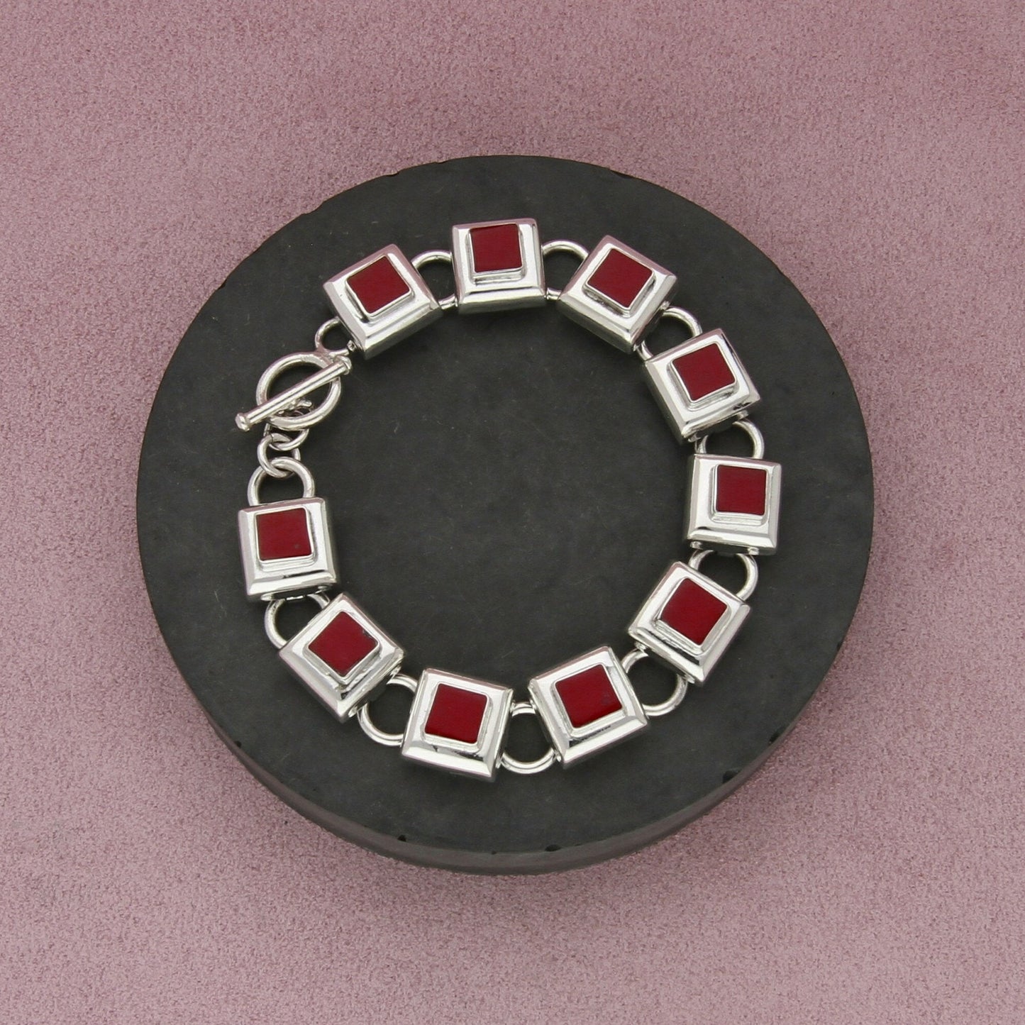 mexico sterling silver coral square link toggle bracelet size 7.5in
