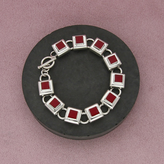 mexico sterling silver coral square link toggle bracelet size 7.5in