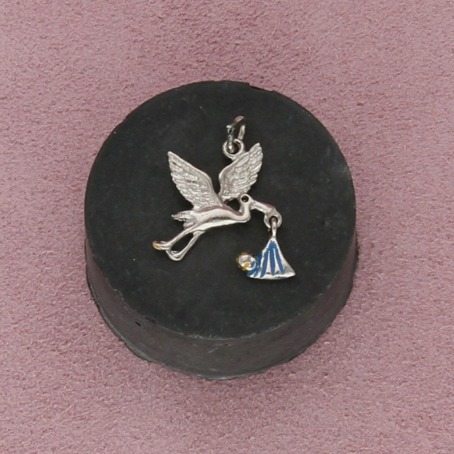 sterling silver vintage blue enamel stork & baby charm pendant