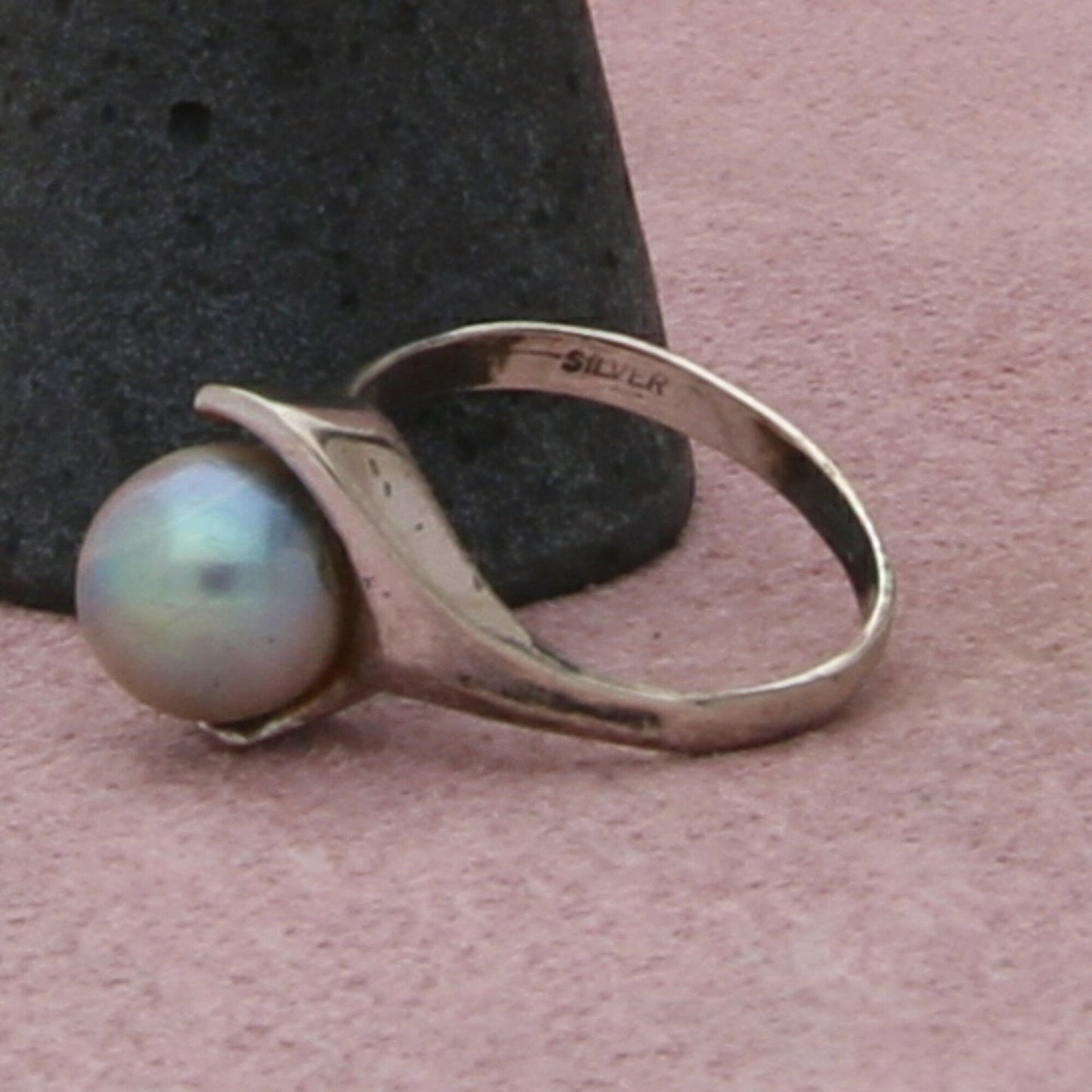 sterling silver vintage japan grey akoya pearl ring size 5.5