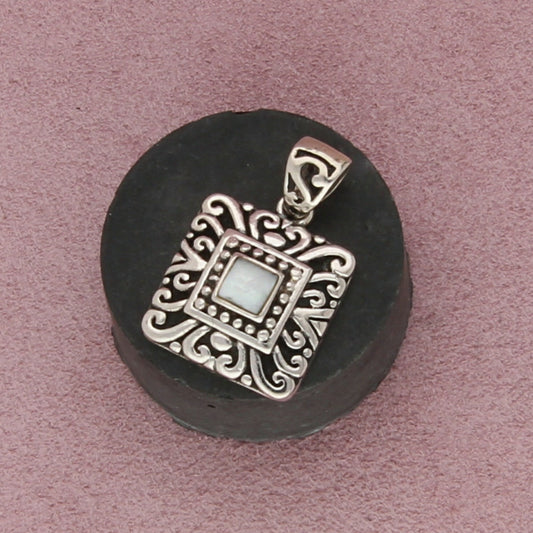 sterling silver white mother of pearl scroll square pendant