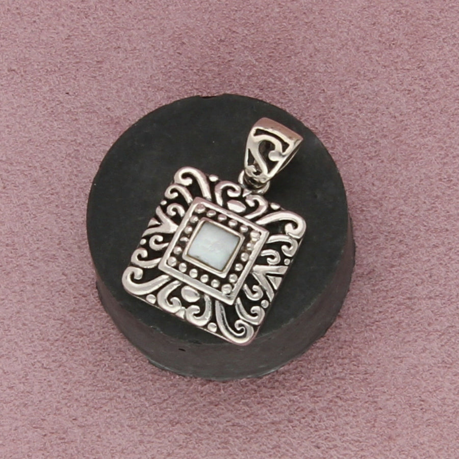 sterling silver white mother of pearl scroll square pendant
