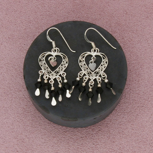 sterling silver filigree heart black bead fringe dangle earrings
