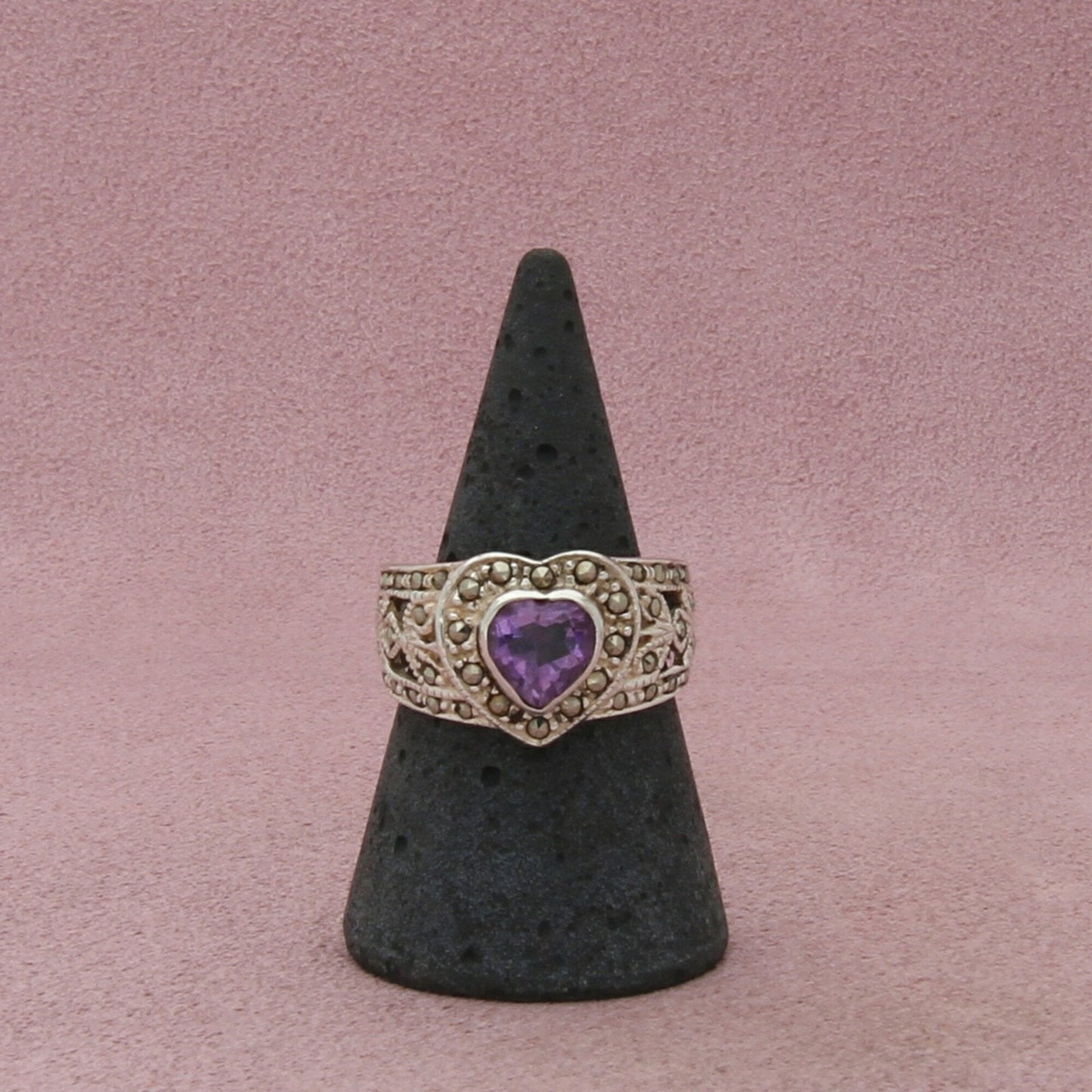 sterling silver marcasite studded amethyst heart ring size 8.75