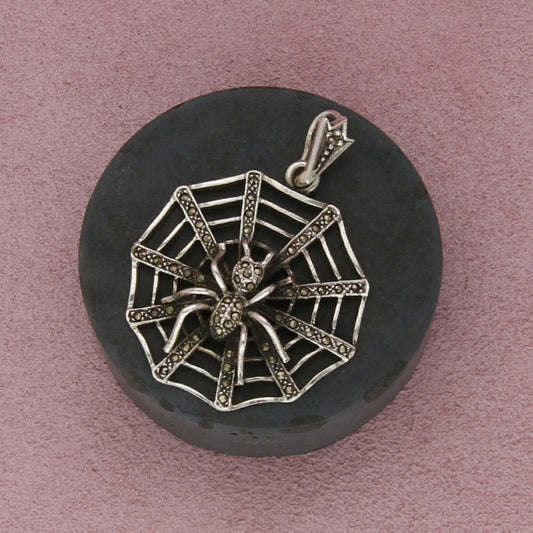 sterling silver vintage marcasite studded spider web pendant