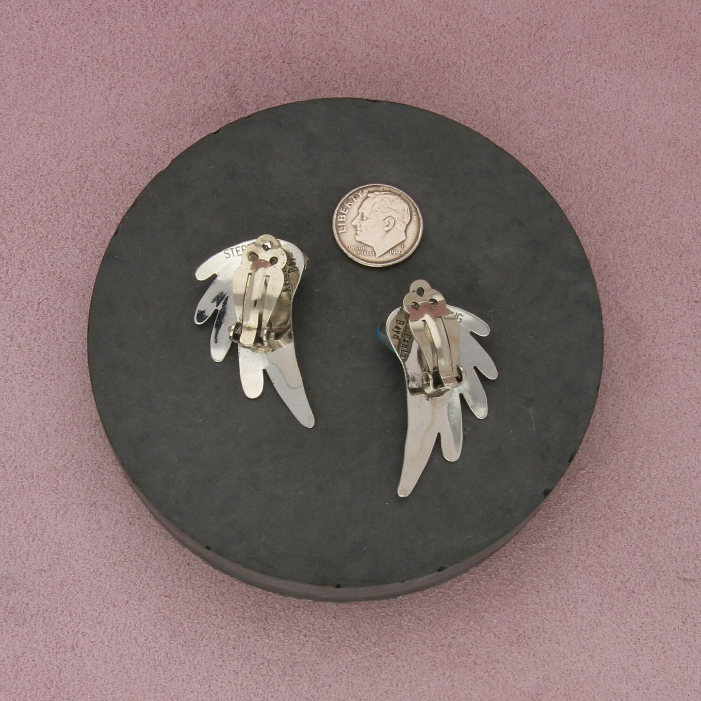 navajo sterling silver vintage signed turquoise wing clip-on earrings
